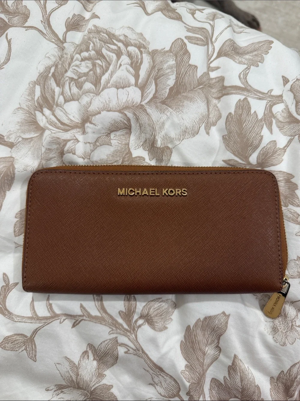 MICHAEL KORS Brown Saffiano Zip Around Wallet with Gold Logo
